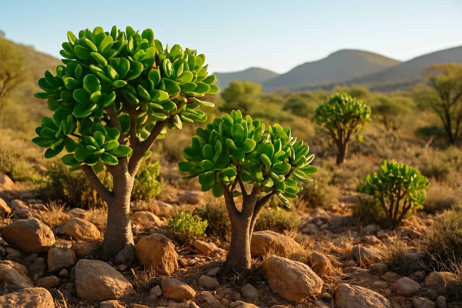 Where Are Jade Plants Native To: Origins in South Africa and Mozambique 2 Jade plants growing naturally in a sunny, rocky, arid landscape with dry soil and distant hills.