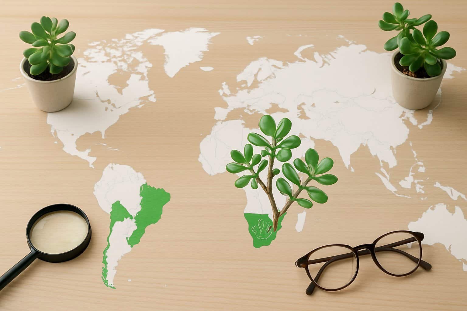 Where Are Jade Plants Native To: Origins in South Africa and Mozambique 3 World map highlighting southern Africa with jade plants placed nearby on a desk, showing the native regions of jade plants.