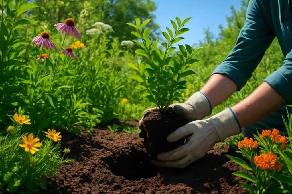 A gardener planting native plants in a sunny garden filled with green foliage and colorful wildflowers.