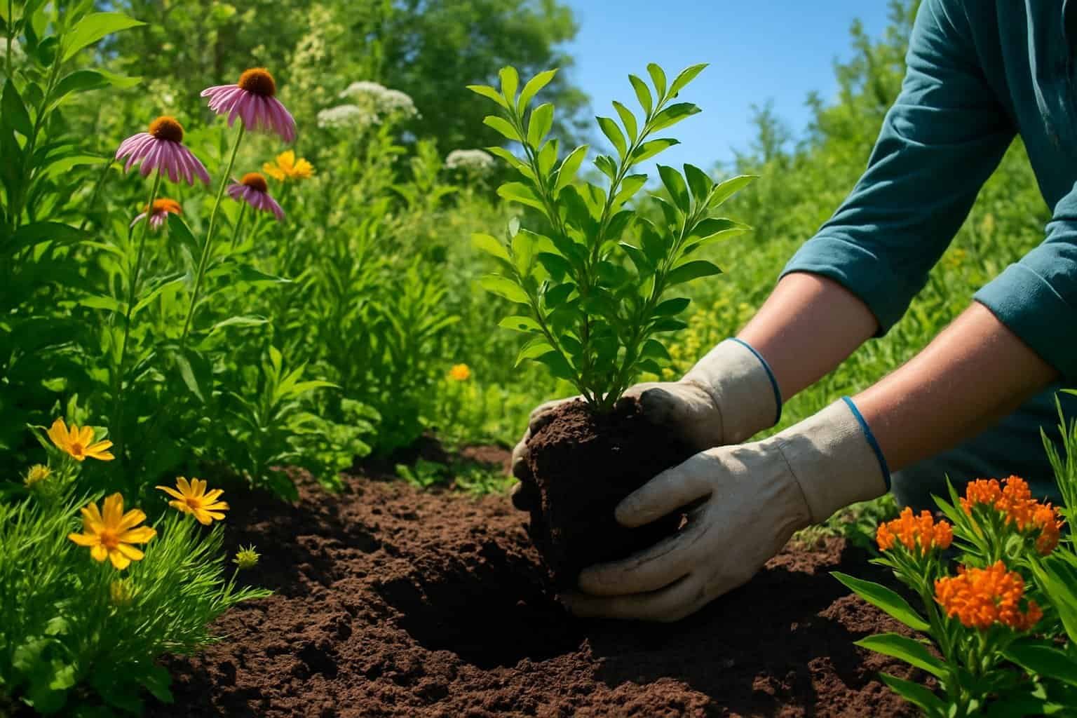 Why Plant Native Plants: Essential Benefits for Local Ecosystems and Sustainable Gardens 1 A gardener planting native plants in a sunny garden filled with green foliage and colorful wildflowers.