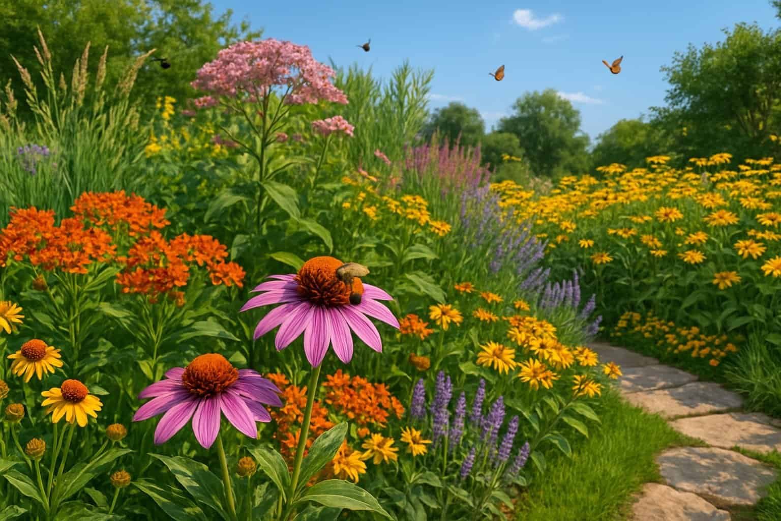 Why Plant Native Plants: Essential Benefits for Local Ecosystems and Sustainable Gardens 2 A colorful garden filled with native flowering plants, bees pollinating flowers, and a clear blue sky in the background.