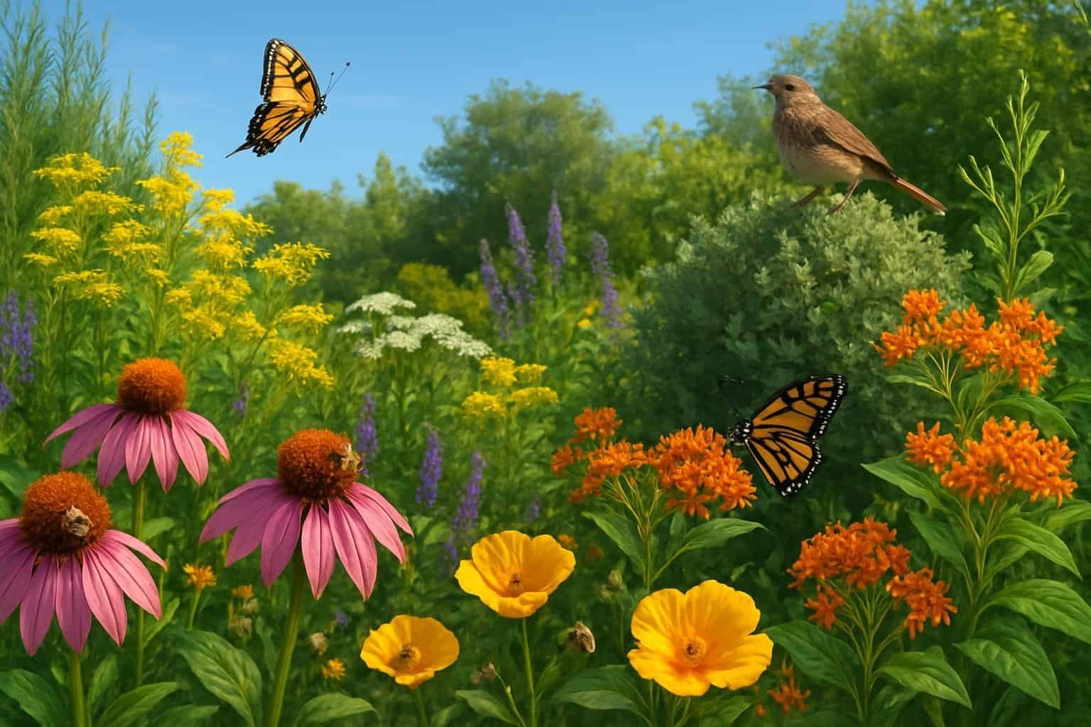 Why Plant Native Plants: Essential Benefits for Local Ecosystems and Sustainable Gardens 3 A colorful garden with native plants, bees, butterflies, and birds in a natural outdoor setting.